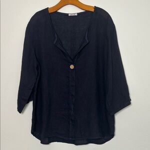Puro Lino Womens Linen Oversized Pullover Top Navy Lagenlook Boho Made in Italy